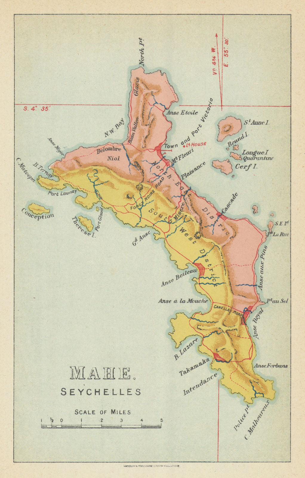 Mahe - Seychelles by Waterlow & Sons 1919 old antique vintage map plan chart